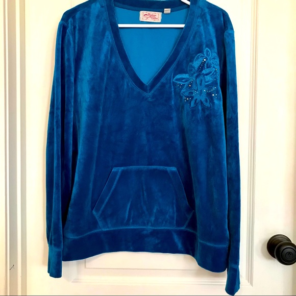 Soft Velour teal blue sweatshirt w/hood. 2 pockets, V-shape, XL - Picture 1 of 6